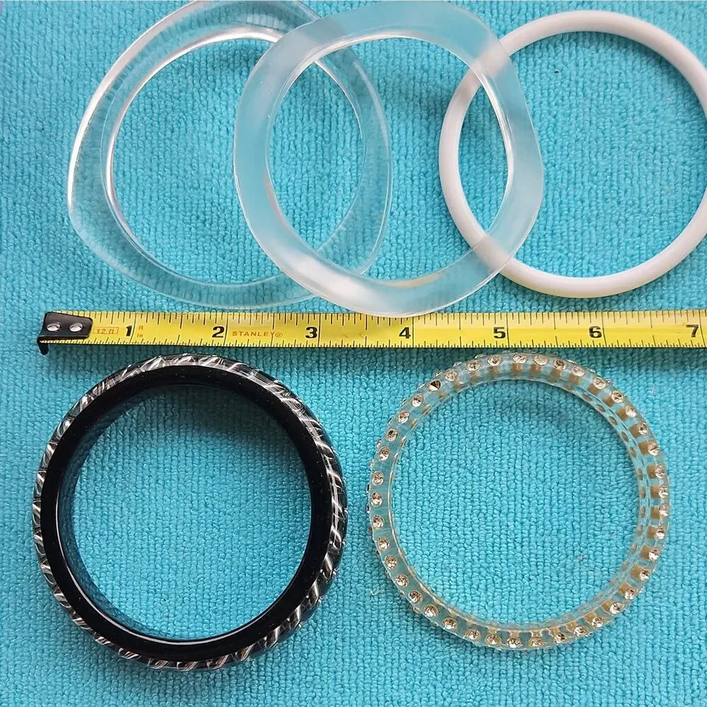 VTG Bangles Clear Lucite 2 Embedded 1 White Spacer 1 Frosted Wavy 1 Triangle 5pc